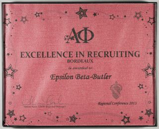 Alpha Phi Fraternity Excellence in Recruiting Framed Certificate, 2013