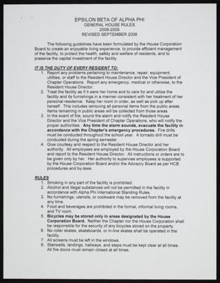 Epsilon Beta of Alpha Phi General House Rules, September 2008