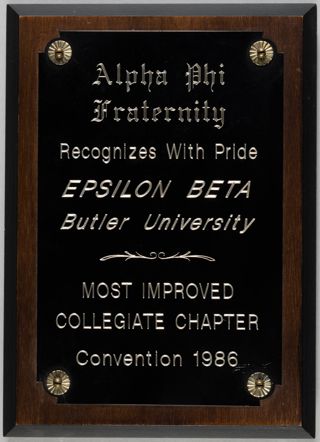 Alpha Phi Fraternity Most Improved Collegiate Chapter Plaque, 1986