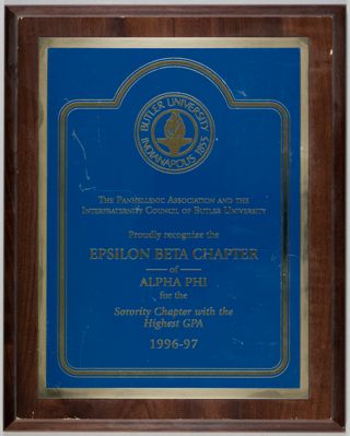 Butler University Sorority Chapter With the Highest GPA Plaque, 1996-1997