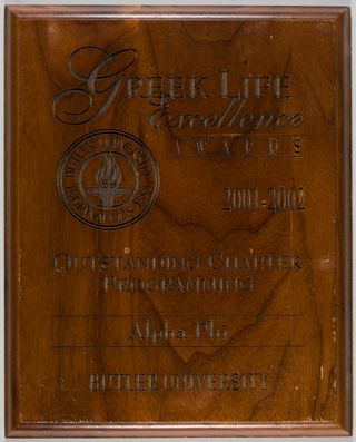 Butler University Greek Life Excellence Awards Outstanding Chapter Programming Plaque, 2001-2002