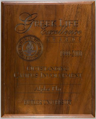 Butler University Greek Life Excellence Awards Outstanding Campus Involvement Plaque, 1999-2000