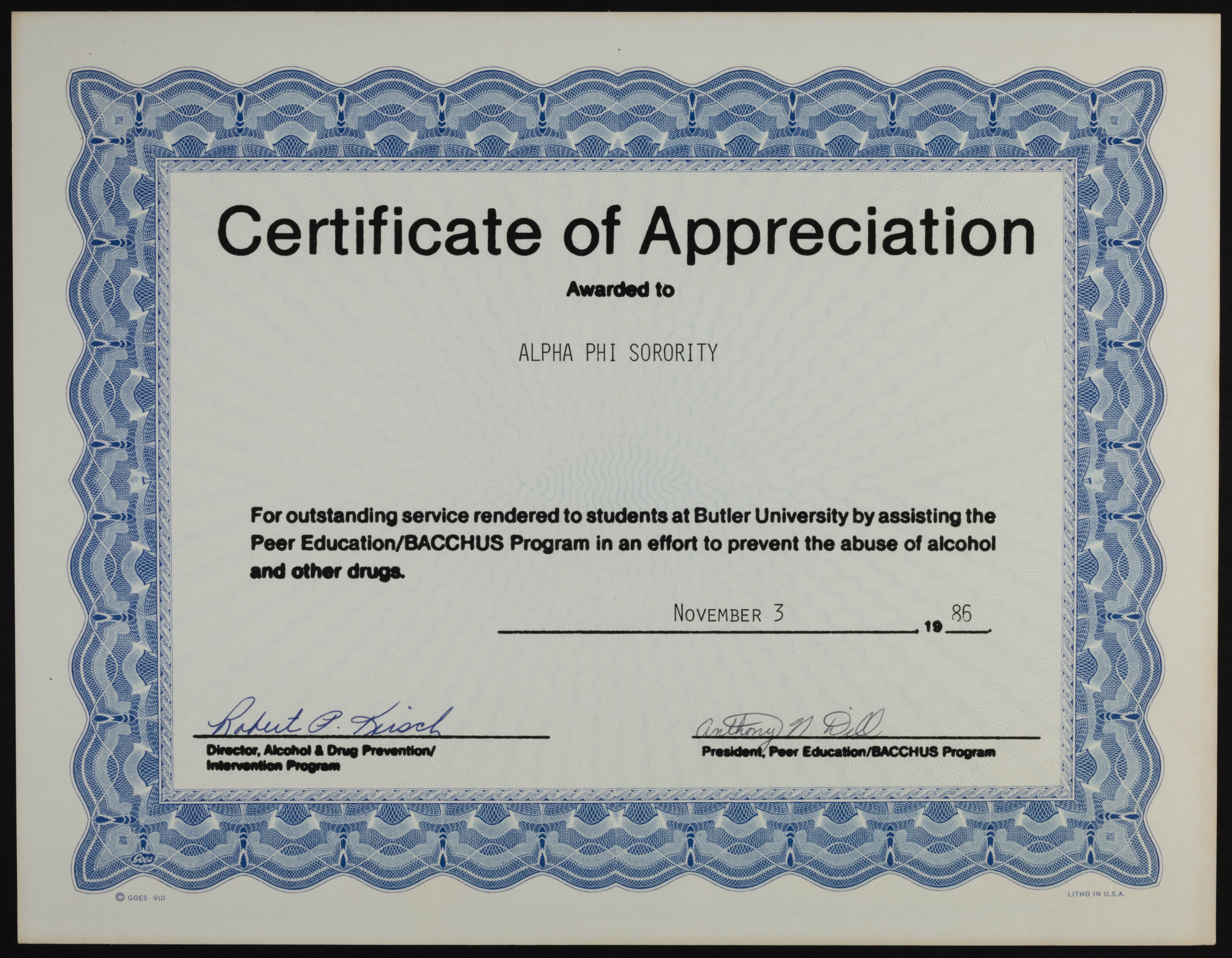 Alcohol Abuse Prevention Award