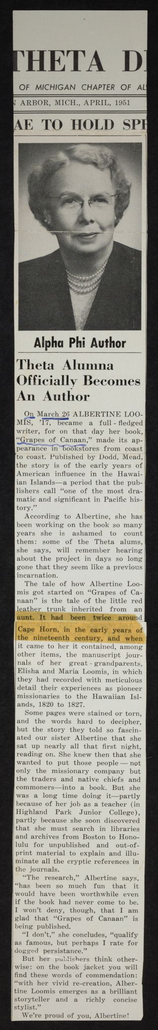 Theta Alumna Officially Becomes an Author Newsletter Clipping, April 1951