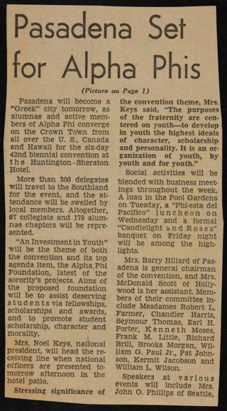 Pasadena Set for Alpha Phis Newspaper Clipping, c.1958