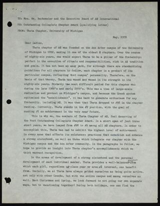 Theta Chapter to Mrs. Wm. Beckemeier and the Executive Board of Alpha Phi International Memo, May 1978