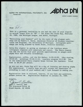 Jean C. Gaston to Pat Letter, 1985