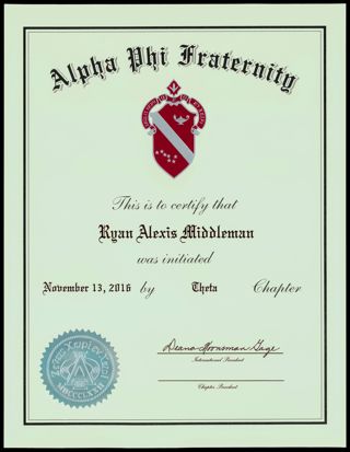 Alpha Phi Fraternity Ryan Alexis Middleman Membership Certificate, November 13, 2016