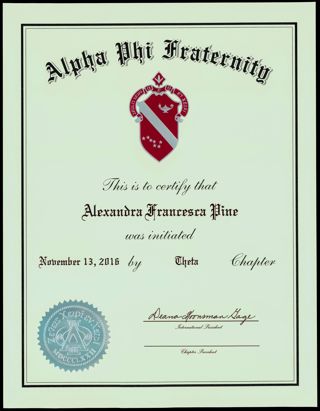 Alpha Phi Fraternity Alexandra Francesca Pine Membership Certificate, November 13, 2016