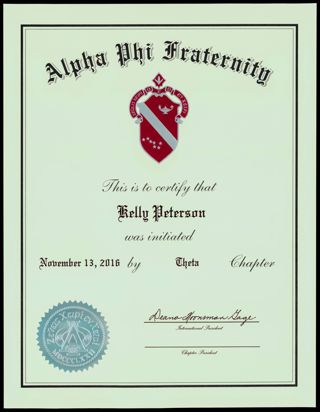 Alpha Phi Fraternity Kelly Peterson Membership Certificate, November 13, 2016