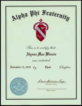 Alpha Phi Fraternity Alyssa Mae Winnie Membership Certificate, November 13, 2016