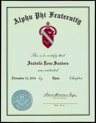 Alpha Phi Fraternity Isabella Rose Sanders Membership Certificate, November 13, 2016