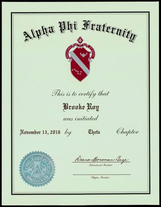 Alpha Phi Fraternity Brooke Roy Membership Certificate, November 13, 2016
