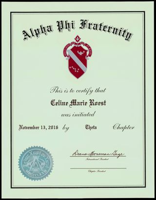 Alpha Phi Fraternity Celine Marie Roest Membership Certificate, November 13, 2016