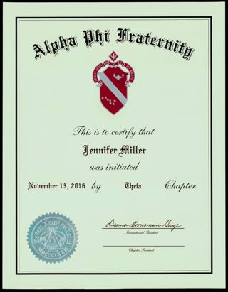 Alpha Phi Fraternity Jennifer Miller Membership Certificate, November 13, 2016