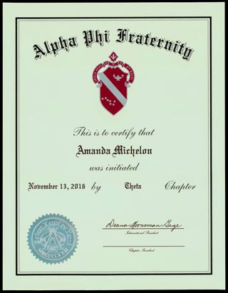 Alpha Phi Fraternity Amanda Michelon Membership Certificate, November 13, 2016