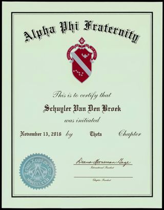 Alpha Phi Fraternity Schuyler Van Den Broek Membership Certificate, November 13, 2016