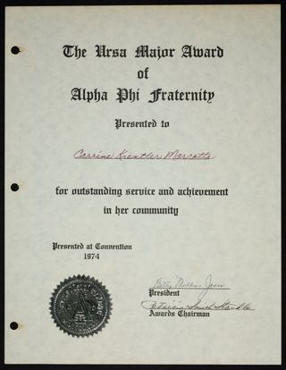 Corrine Krentler Marcotte Ursa Major Award Certificate, 1974