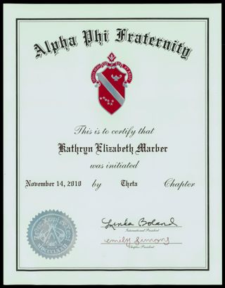 Alpha Phi Fraternity Kathryn Elizabeth Marber Membership Certificate, November 14, 2010