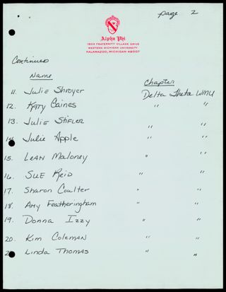 Delta Theta Chapter Member Page Two List, 1985