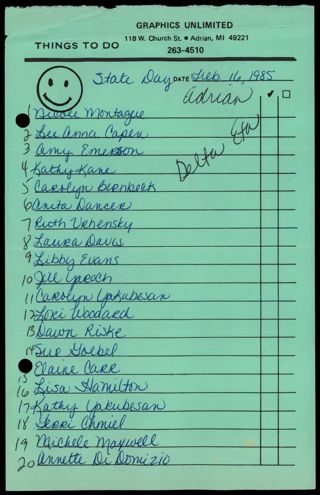 Michigan State Day Delta Eta Chapter Attendance List, February 16, 1985