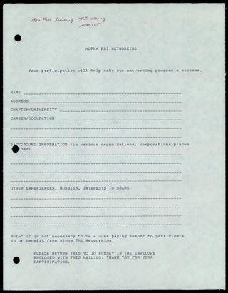 Alpha Phi Networking Form, September 1986