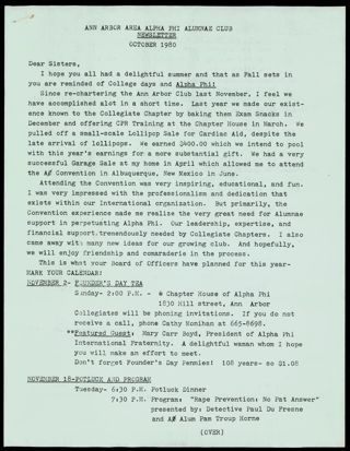 Ann Arbor Area Alpha Phi Alumnae Club Newsletter With Notes, October 1980