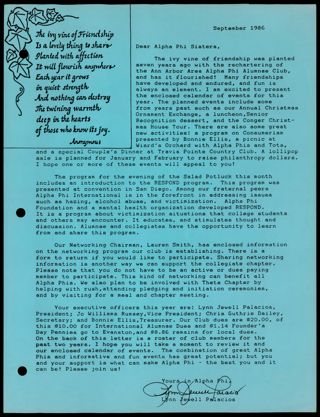 Ann Arbor Alumnae Chapter Newsletter, September 1986