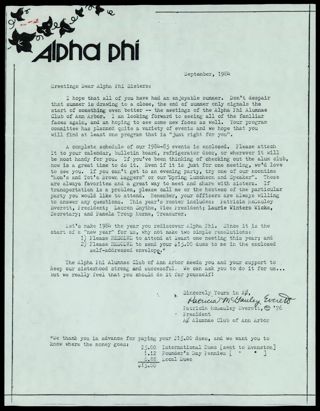 Ann Arbor Alumnae Chapter Newsletter With Notes, September 1984