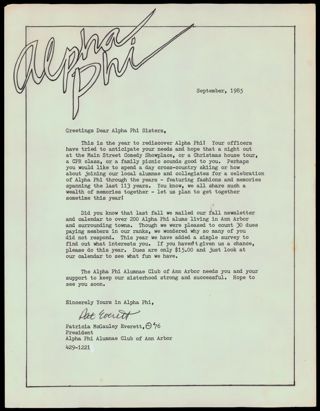 Ann Arbor Alumnae Chapter Newsletter 1, September 1985