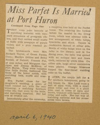 Miss Parfet Is Married at Port Huron Newspaper Clipping, April 6, 1940