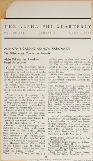 Alpha Phi's Cardiac Aid Now Nationwide Magazine Clipping, March 1949