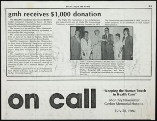 GHM Receives $1,000 Donation Newsletter Clipping, July 28, 1986