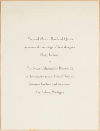 Mary Lenore Quinn Wedding Announcement, October 25, 1949