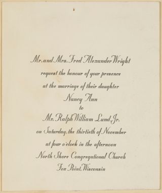 Nancy Ann Wright Wedding Invitation, November 30, 1957