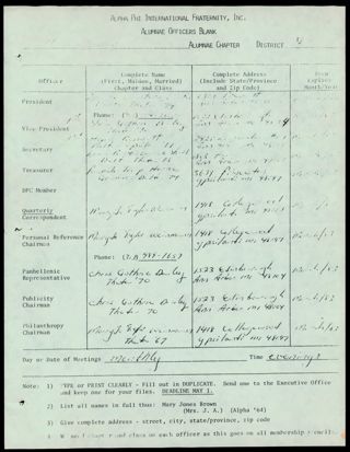 Alpha Phi International Fraternity, Inc. Alumnae Officers Blank List, March 1983