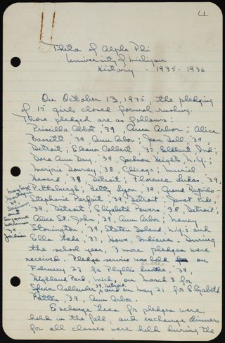 Theta of Alpha Phi University of Michigan History Notes, 1935-1936