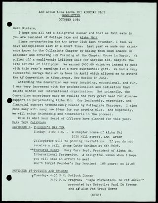 Ann Arbor Area Alpha Phi Alumnae Club Newsletter, October 1980