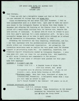 Ann Arbor Area Alpha Phi Alumnae Club Newsletter With Form, October 1980