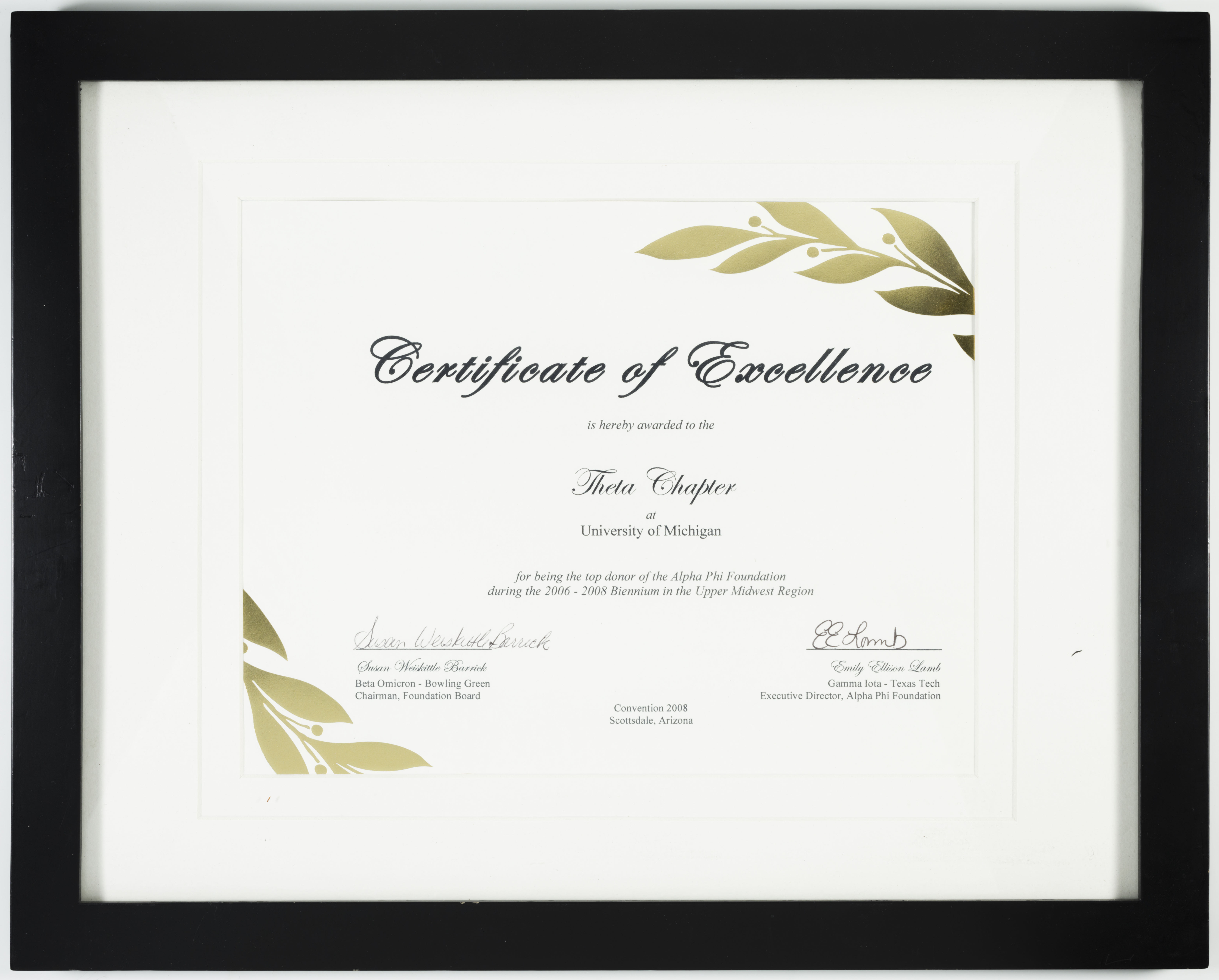 Alpha Phi Foundation Certificate of Excellence