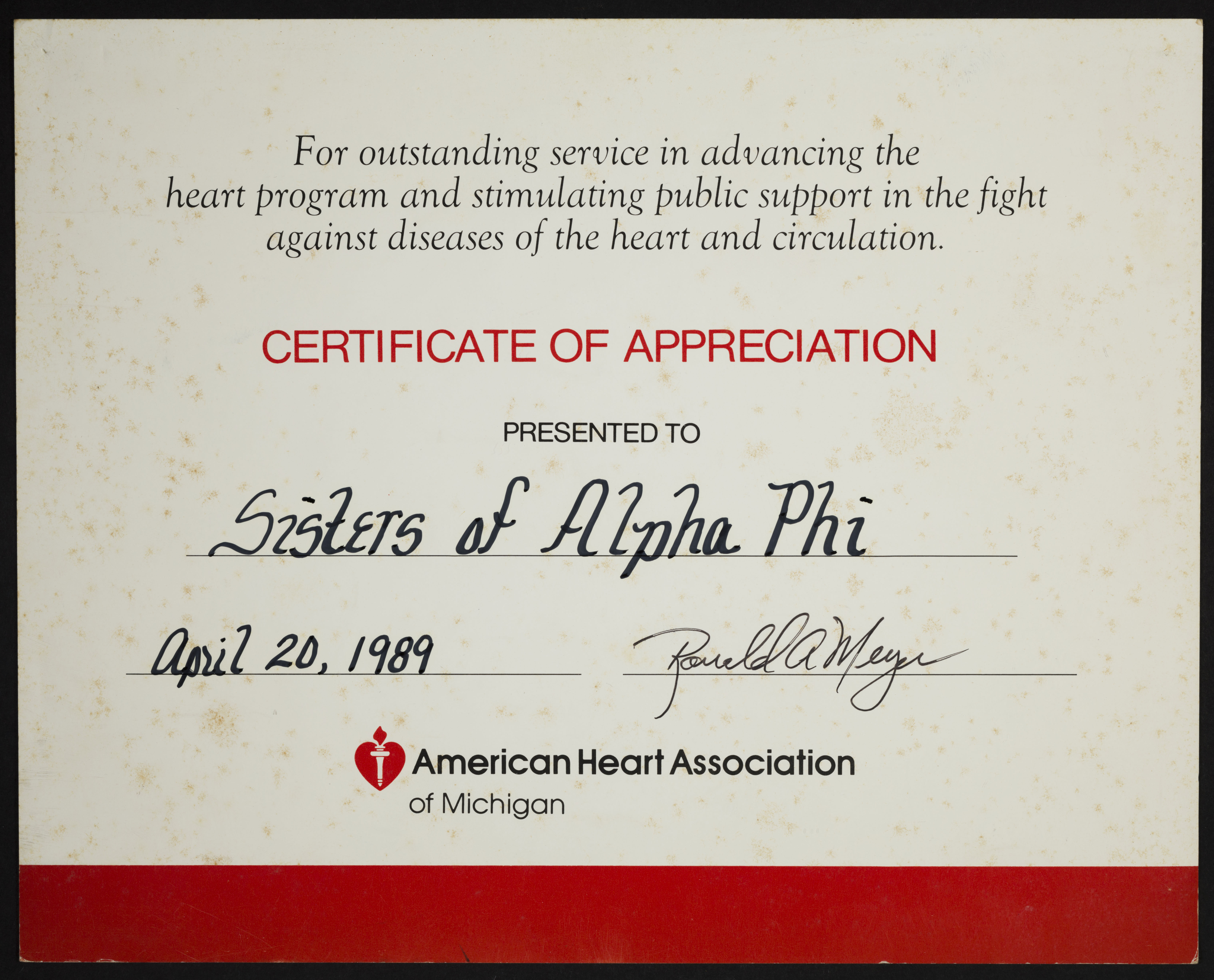 American Heart Association Certificate of Appreciation