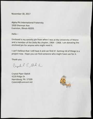 Crystal Piper Slatick to Alpha Phi International Fraternity Letter, November 30, 2017