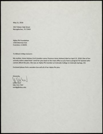 Leslie Cecil to Alpha Phi Foundation Letter, May 21, 2018