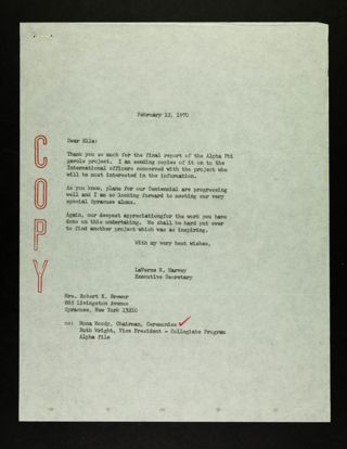 LaVerne N. Harvey to Ella Letter, February 12, 1970