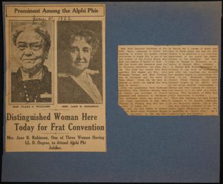 Distinguished Woman Here Today for Frat Convention Newspaper Clipping, June 21, 1922