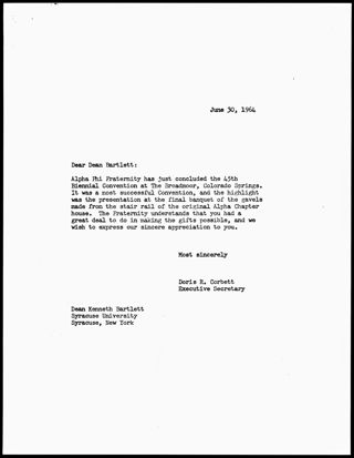 Doris R. Corbett to Dean Bartlett Note, June 30, 1964