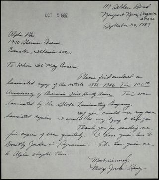 Mary Jordan Raney to Whom It May Concern Note, September 30, 1987