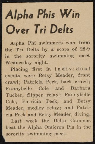 Alpha Phis Win Over Tri Delta Newspaper Clipping, c. 1940s