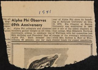 Alpha Phi Observes 69th Anniversary Newspaper Clipping, 1941