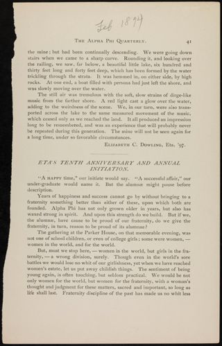 Eta's Tenth Anniversary and Annual Initiation Magazine Clipping, February 1894